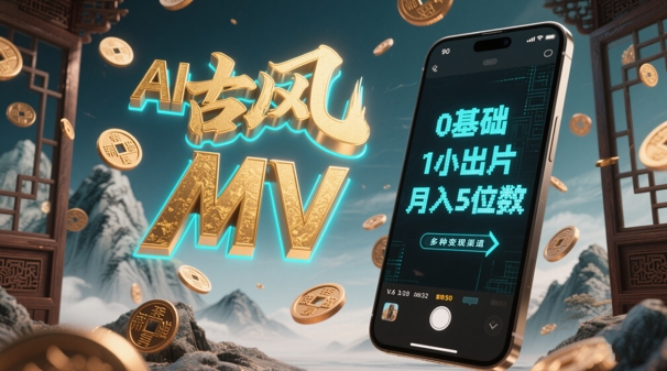AI一键生成古风音乐MV，0剪辑基础1小时出片，多种变现渠道，一部手机月入5位数-浩文网创