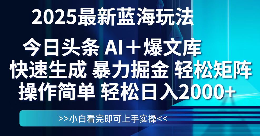 今日头条2025最新蓝海玩法，思路简单，复制粘贴，轻松实现矩阵日入2000+-浩文网创