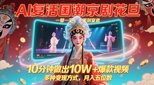 AI复活国潮京剧花旦，一颦一笑美到窒息，10分钟做出10W+爆款视频，多种变现方式，月入五位数-浩文网创