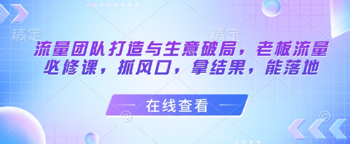 流量团队打造与生意破局，老板流量必修课，抓风口，拿结果，能落地-浩文网创