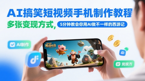 AI搞笑短视频手机制作教程，多张变现方式，5分钟教会你用AI做不一样的西游记-浩文网创