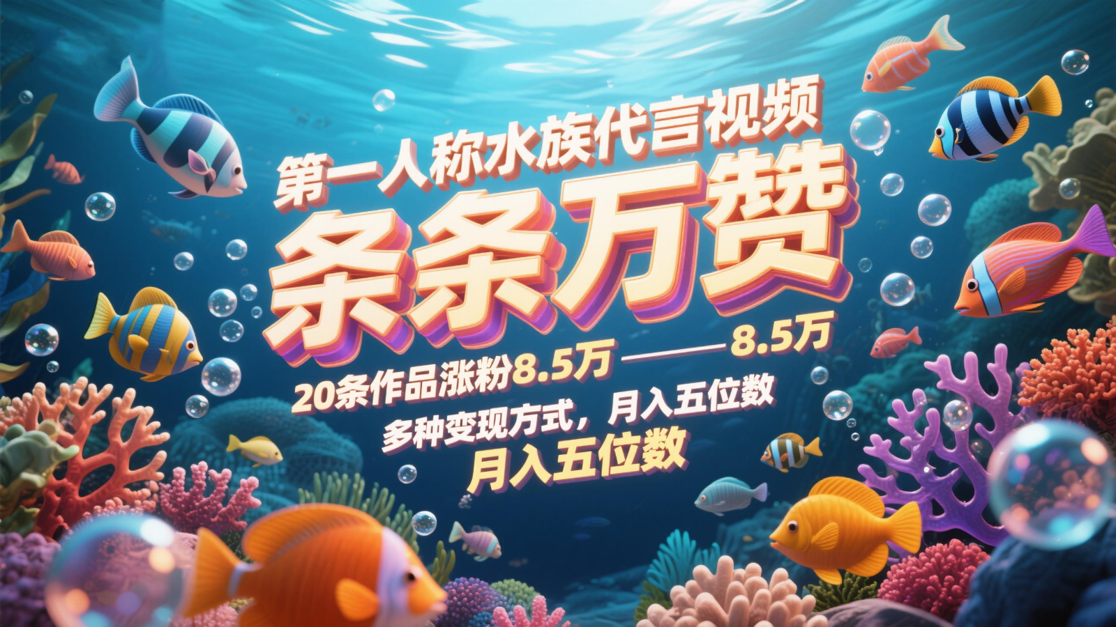 第一人称水族代言视频，条条万赞，20条作品涨粉8.5万，多种变现方式月，入五位数-浩文网创