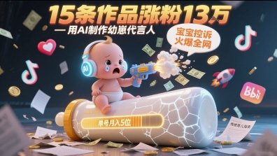 用AI制作幼崽代言人，宝宝的控诉火爆全网，15条作品涨粉13W，单号月入5位数实操教程-浩文网创