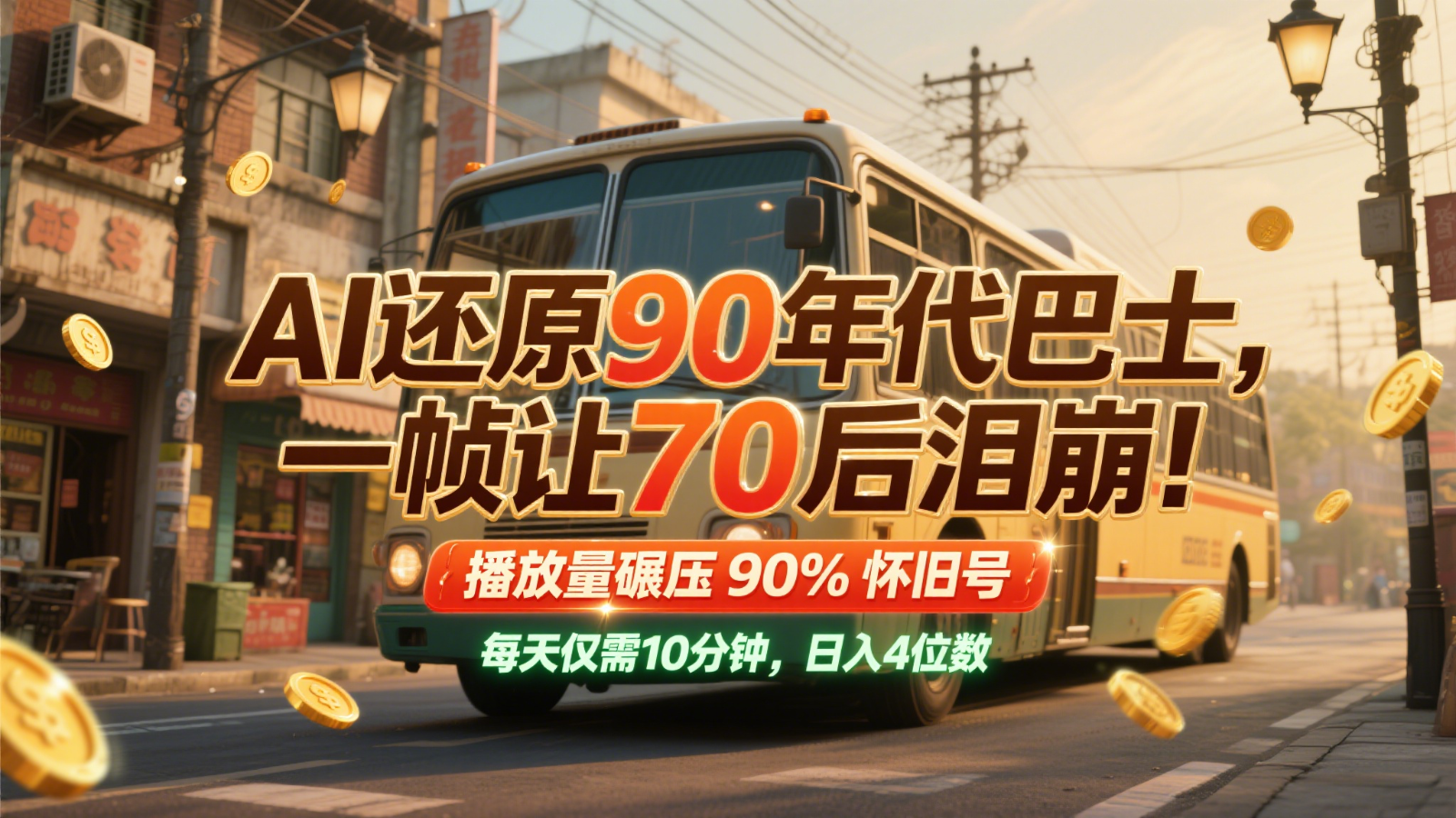 AI还原90年代巴士，一帧让70后泪崩！播放量碾压90%怀旧号，每天10分钟，日入4位数-浩文网创
