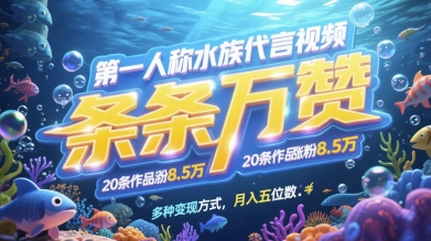第一人称水族代言视频，条条万赞，20条作品涨粉7.8W，多种变现方式月入五位数-浩文网创